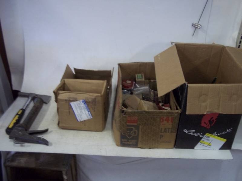 HatchetHammer, Caulking Gun, Approx. 10lbs of bolts, Large Box of Garden Tools, Box of Assorted Hardware