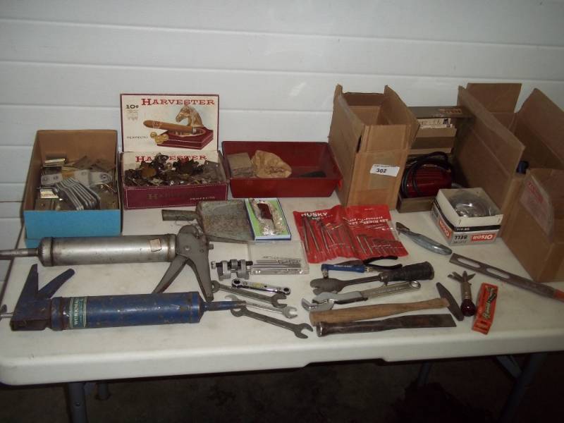 Vintage Wen Sander, Pair of Caulking Guns, Assorted Hand Tools, Box of Screwdrivers, Electric Bell, Hinges, Drawer Pulls, Box of Nails