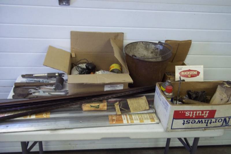 Pair of 32 Aluminum Thresholds, Shelf Railing, Large Assortment of Vintage tools, Craftsman Air Filter, Pulleys, Milk Pail, Nails, Pressurized WD-40, Oiling Cans, Hardware, Vintage Unopened Fels-Naptha Soap Bar