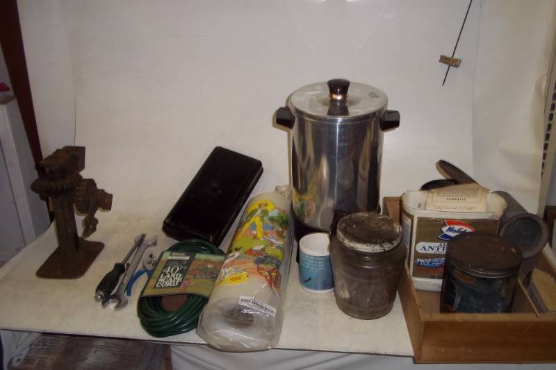 Antique Jack, Large Coffeepot, Coffee Cup, Assorted Hardware, Hand Tools, 40 Green Extension Cord, Plastic Sheeting