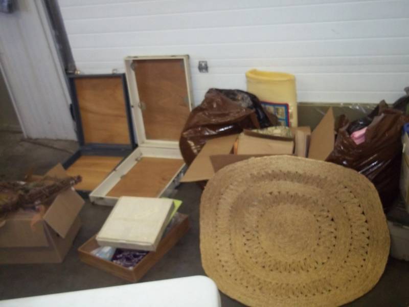 3 Bags of Blankets, Assorted Dcor, Cloth, Small Pillows, Zippers, Wicker Mat, Wooden Bowl, 2 Wooden Vinyl Coated Cases