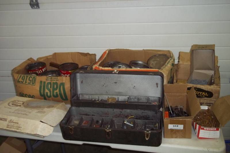 Vintage Tool Box, Large Variety of Nails, Assorted Screwdrivers, Door Hardware,