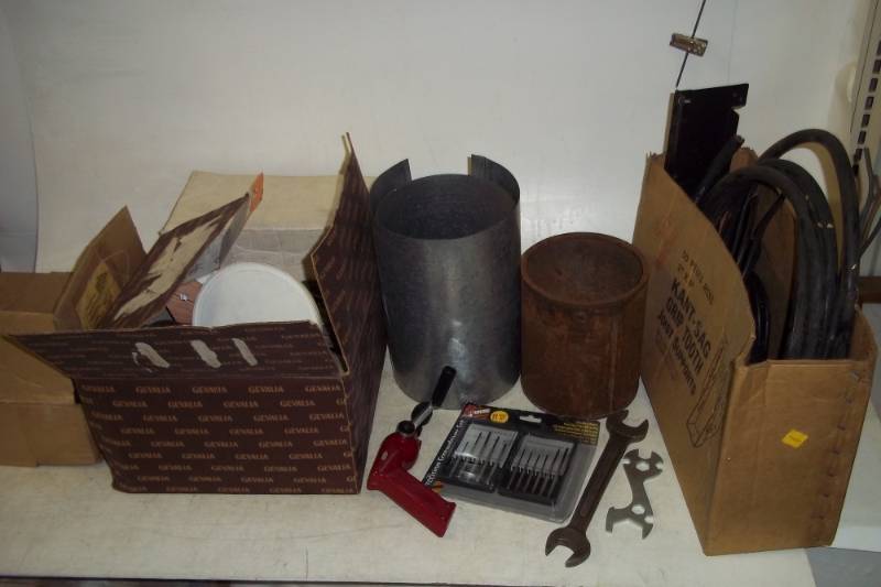 Large Variety of Pulleys, Hand Drill, Assorted Tools, Nails, Electrical Wire, Hinges