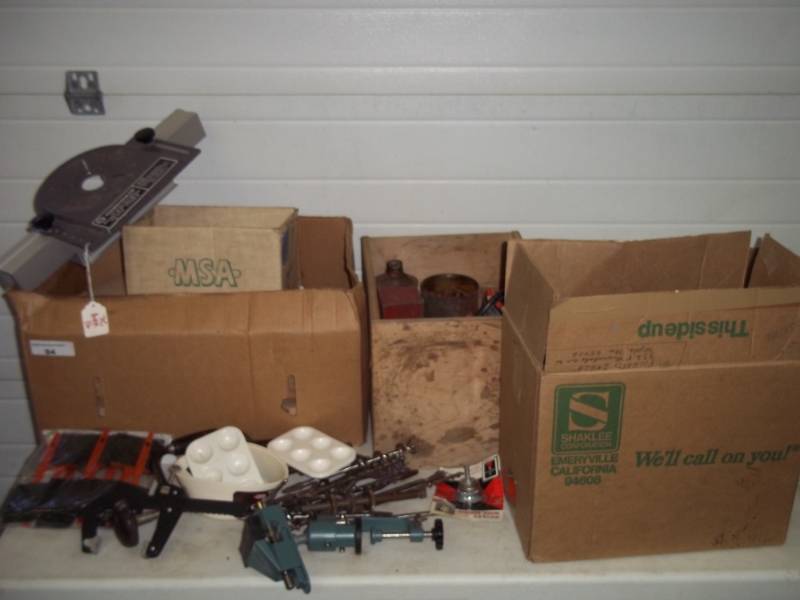 Vintage Hand Drill, Drill Bits, Wood Pieces, Surge Protectors, Touch Up Paint, Brushes, Plunger etc..