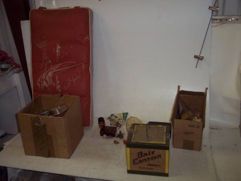 Antique Fishing Supplies Lot, Lil Bait Cage, Weber Rodstar Varnish, Reel Oil, Bait Canteen, Small Tackle Box, Fish Hooks, Cushion, Assorted Lures and Bobbers