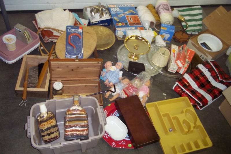 Very Large Lot of Dcor Items, Glass Dishes, Assorted Dishes, Collectible Dolls, Red Glass Fruit Bowl, New Corning Wear, Yarn Supplies, Wood Stool, Silverware Organizer