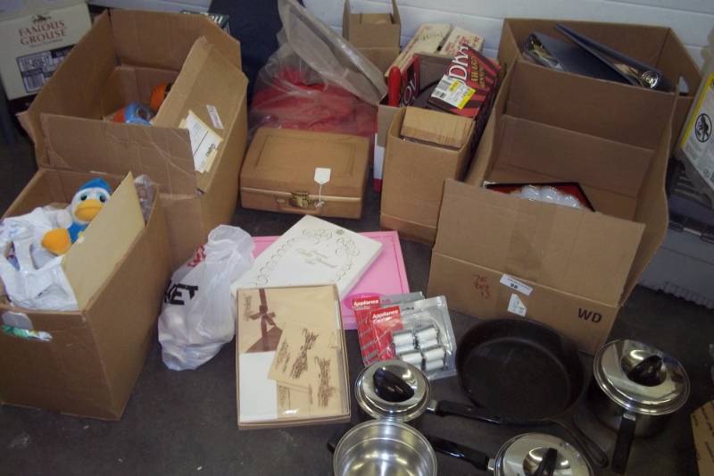 Cast Iron Frying Pan, Set of Stainless Steel Pots, Appliance Casters, Stuffed Toys, Sleeping Bag, Vintage Hairdryer, Large Thing of Craft Cord, Electronics, Knife Sharpener, Craft Pieces, Dcor Plates