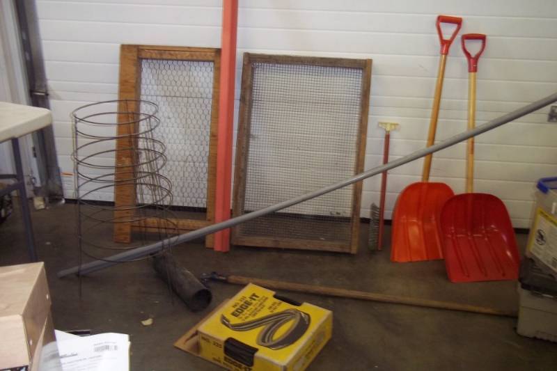 Tomato Cage, 2 Cage Screens, Edging, Angle Metal Pieces, 2 Snow Shovels, 2 Long Conduits, Scraper