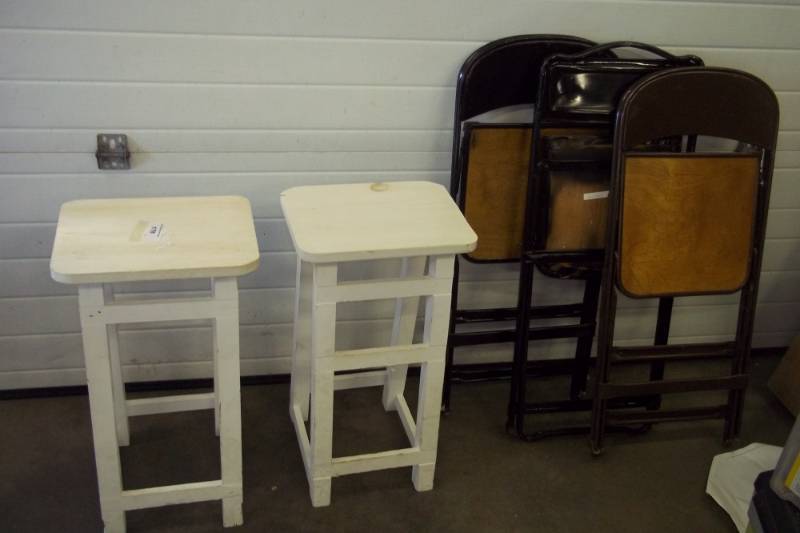 2 White Stools and 3 Folding Chairs
