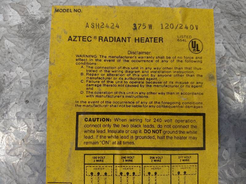 lot 157 image: Aztec ASH24X24 Radiant Heater, 375 ...