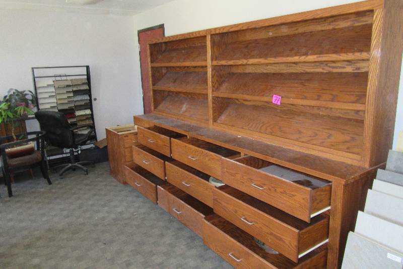large OAK Wall Display cabinet with drawers and counter
