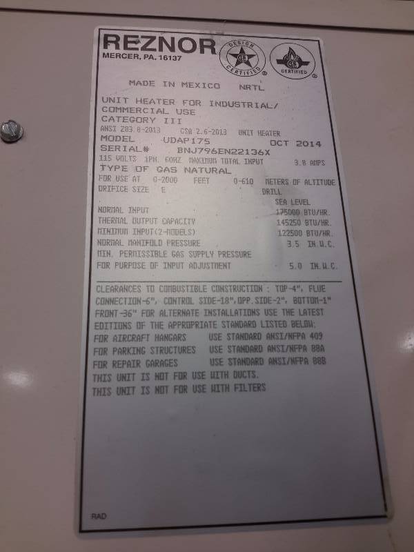 Reznor 175,000 BTU Industrial Heater
