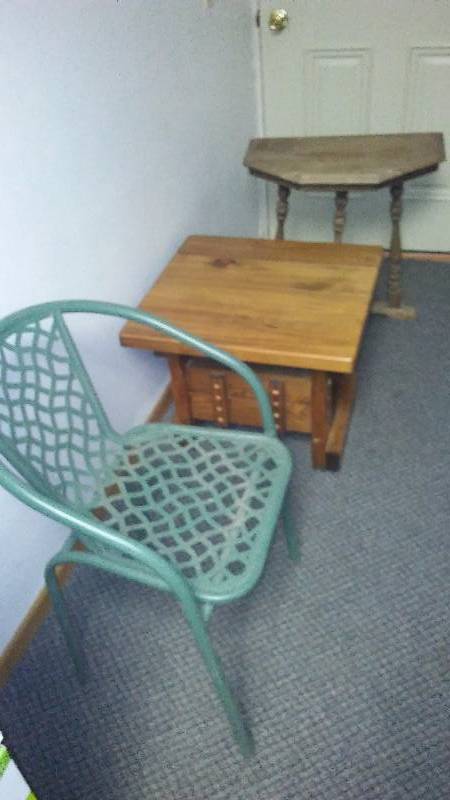 Outdoor Metal Green Patio Chair, 2 x 4 construction wood accent table, Vintage 3 legged table