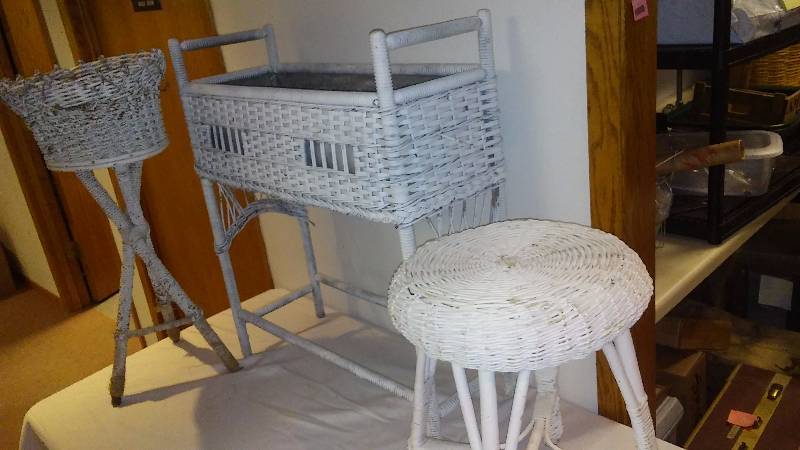 Shabby Chic Vintage Wicker  (3) Planter (28L x 31T x 11D), Plant Stand (12 in Diam.) and Stool