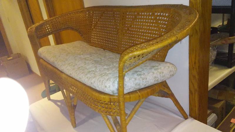 Vintage Wicker Settee, table and Stool
