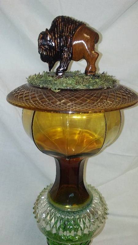 Glass Garden Art Indoor Outdoor hand carved wood BISON