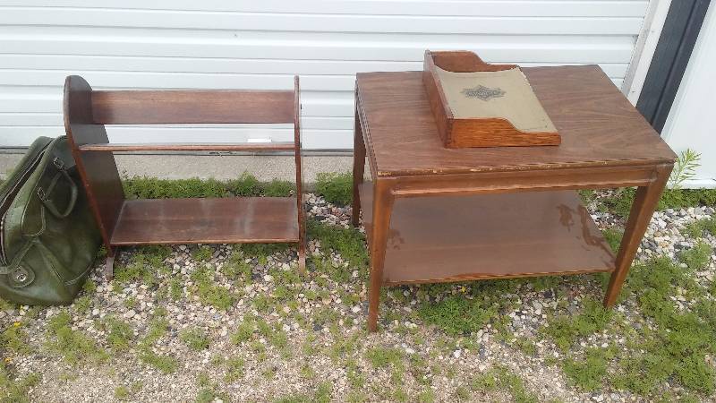 vintage 4 piece lot, table, shelf, bag & oak Handifile