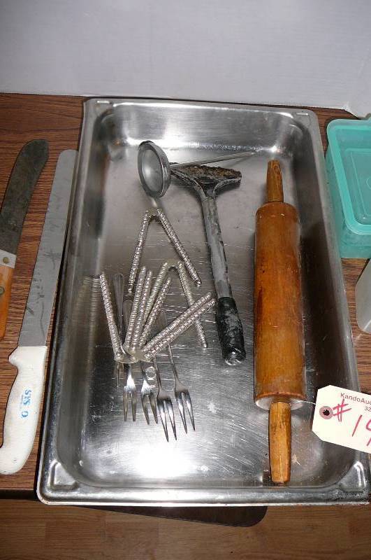 lot 14 image: Pan NSF,  Knives, Spatula, Nut crackers, Seafood Forks, Thermometer, Spice