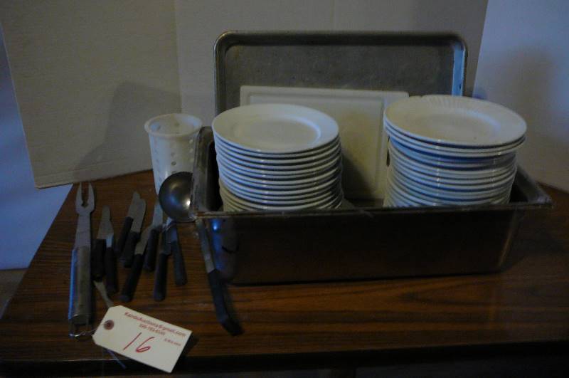 lot 16 image: 6 Deep NSF Pan,  Plates, Cutting board, Cookie Sheet, Misc. Utinsils