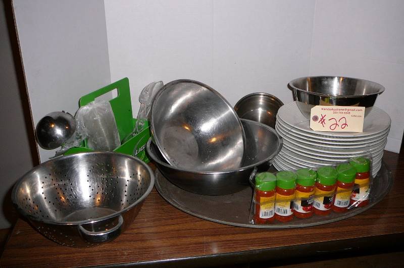 lot 22 image: Aluminum bowls, Dinner Plates,Utensils, Bud light Carrier, 6 Cayenne Pepper