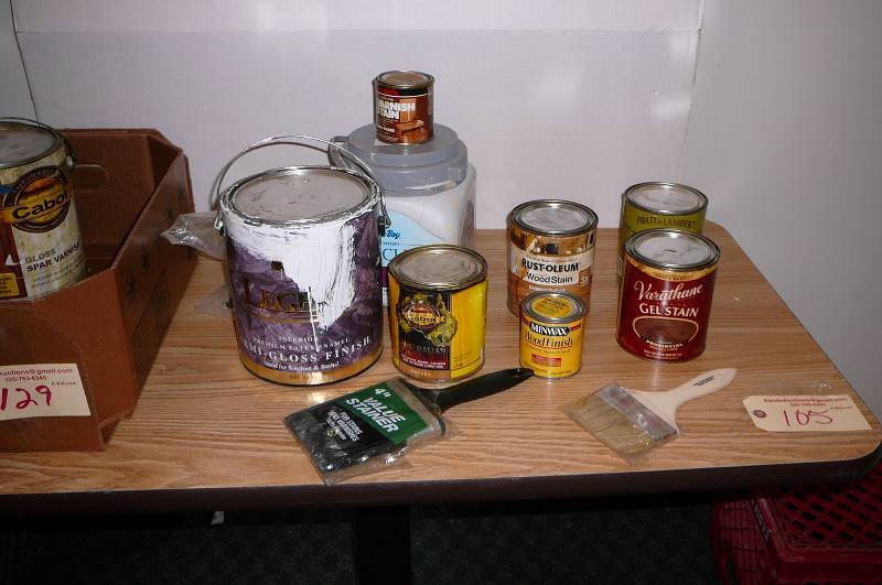 lot 129 image: Stain, paint, wood finish, brushes, mineral spirits