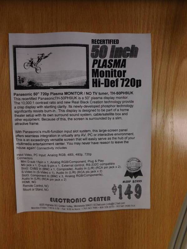 lot 73 image: Panasonic 50 720p Plasma Monitorno tv tuner, TH-50PH9UK, with Wall Mounting Device