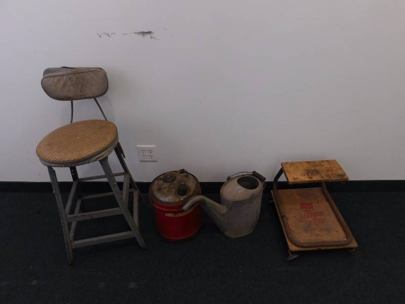 lot 91 image: Vintage metal Stool, Gas Can, Watering Can, Stepstool