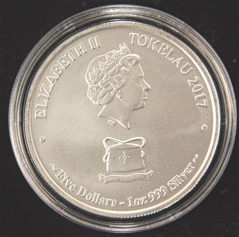 2017 TOKELAU $5 BARRACUDA 1 TROY OZ. .999 FINE SILVER IN AIRTITE HOLDER