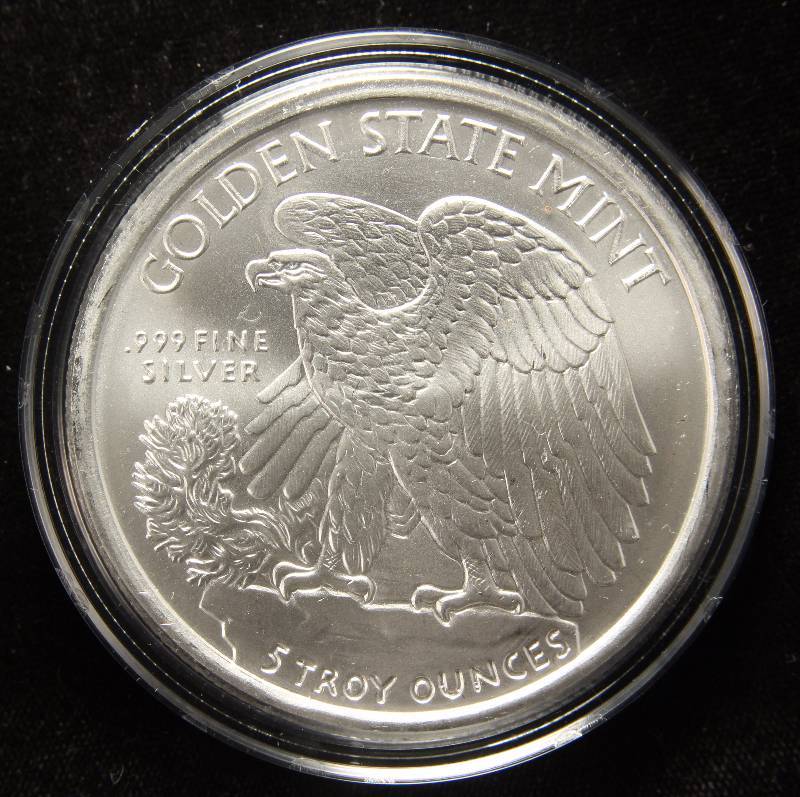 5 TROY Oz. .999 FINE SILVER GOLDEN STATE MINT WALKING LIBERTY DESIGN IN AIRTITE