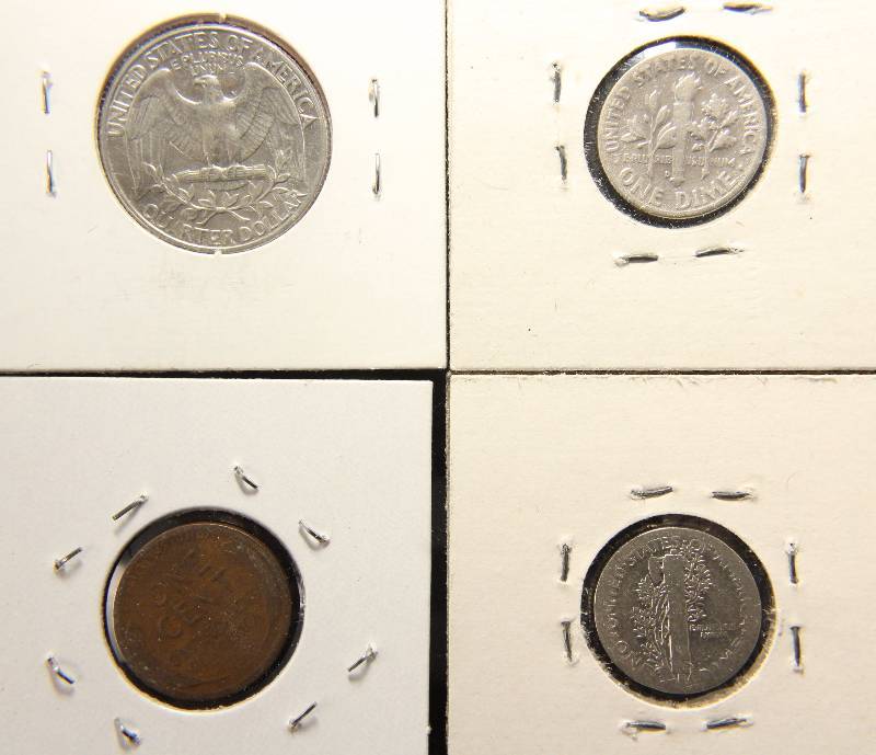 GROUP OF 4 COINS - 1919-D WHEAT CENT, 1918 MERCURY DIME, 1948-D ROOSEVELT DIME, 1982-D WASHINGTON QUARTER