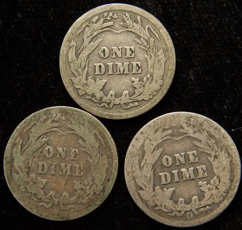 GROUP OF 3 BARBER SILVER DIMES 1899, 1903 O & 1916