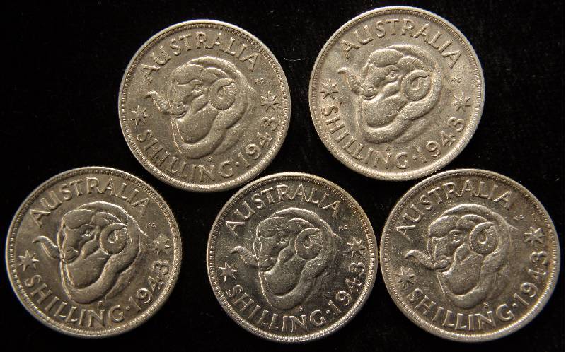GROUP OF 5 SILVER AUSTRALIAN SHILLINGS (92.5% SILVER, 5.65 GRAMS EACH)