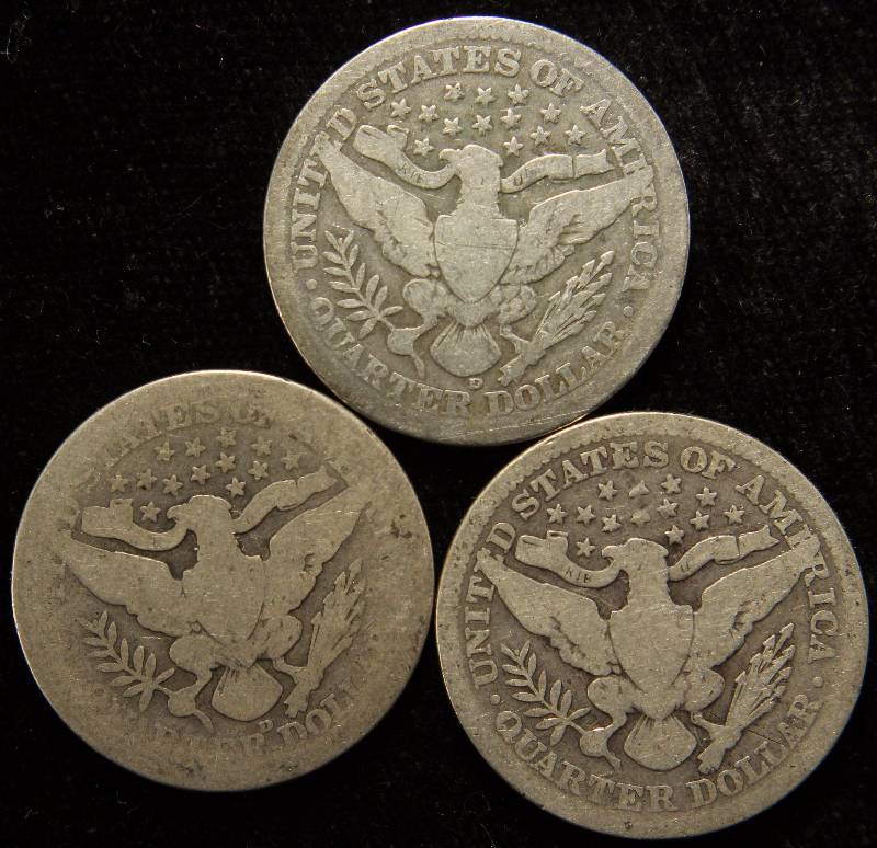 GROUP OF 3 BARBER SILVER QUARTERS 1907, 1914 D, 1916 D