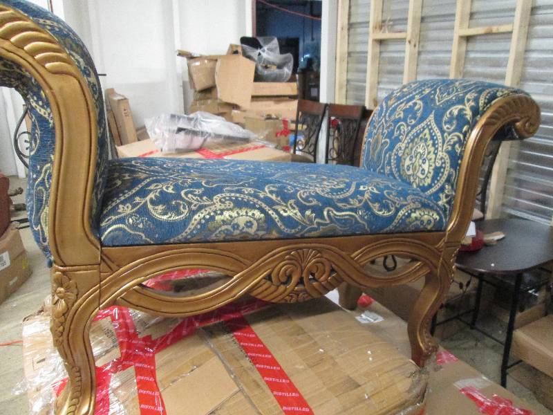 Blue Upholstered Carved Bench out o...