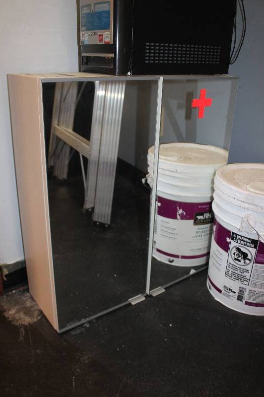 lot 44 image: 2-Mirror Door 6-Glass Shelf Cabinet