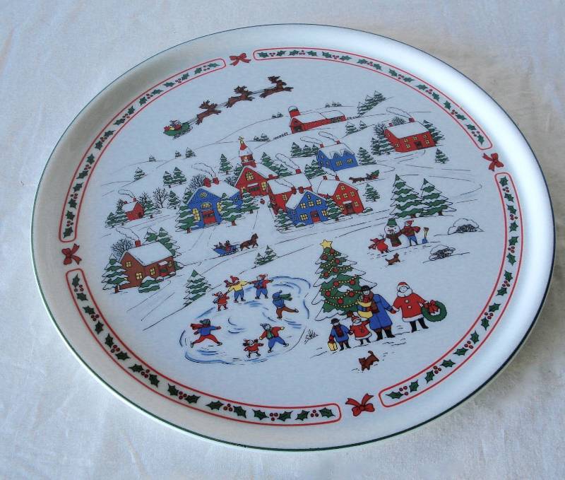 lot 19 image: (collection of 3 items)  Christmas Plate made in Japan  Pfaltzgraff Winter Plate  Cut Glass Vegetable Serving Plate