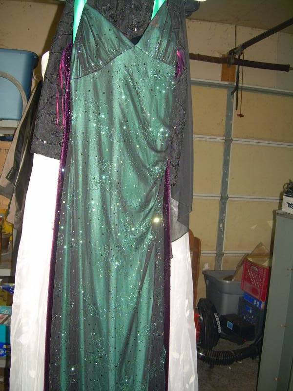 GREEN SEQUINED AND BLACK PROM DRESS