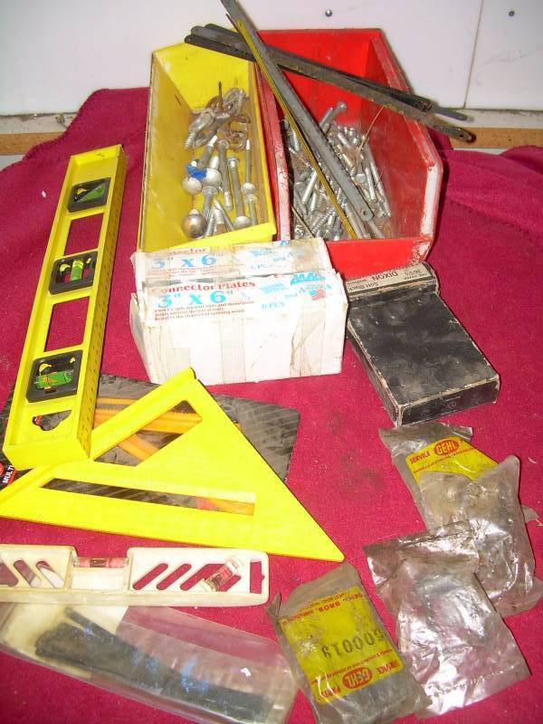 LAG BOLTS CONNECTOR PLATES , HOOKS SQUARES AND LEVELS