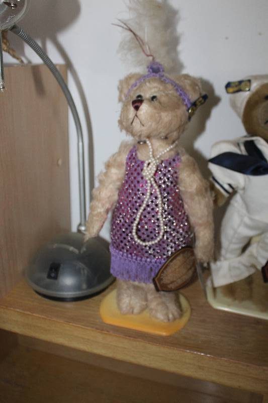 lot 18 image: 1920s Brass Button Bears Hand Crafted Daisy Bear w Sequined Flapper Dress