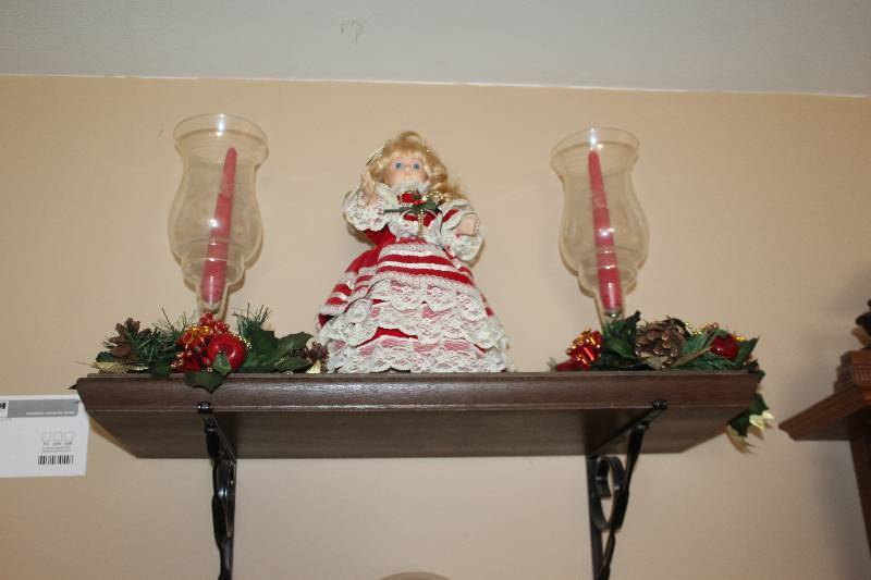 lot 8 image: Doll w WhiteRed Dress, 2-Candle Holders w Glass Covers