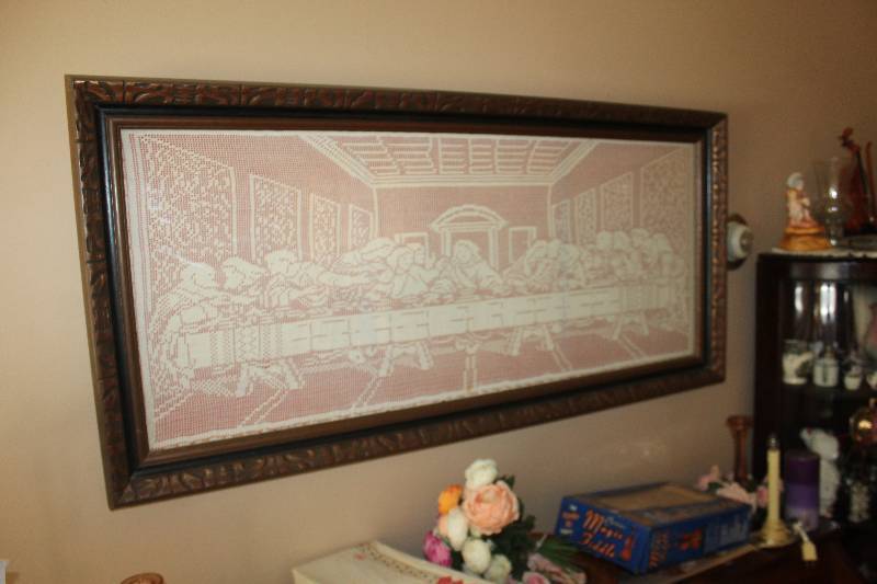 lot 44 image: Crochet Table Cloth Framed Wall Art