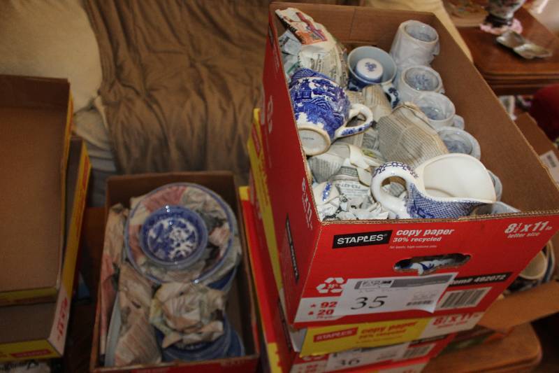 lot 35 image: Lot of (2) Boxes of Blue Willow China Mugs, Plates, Glassware