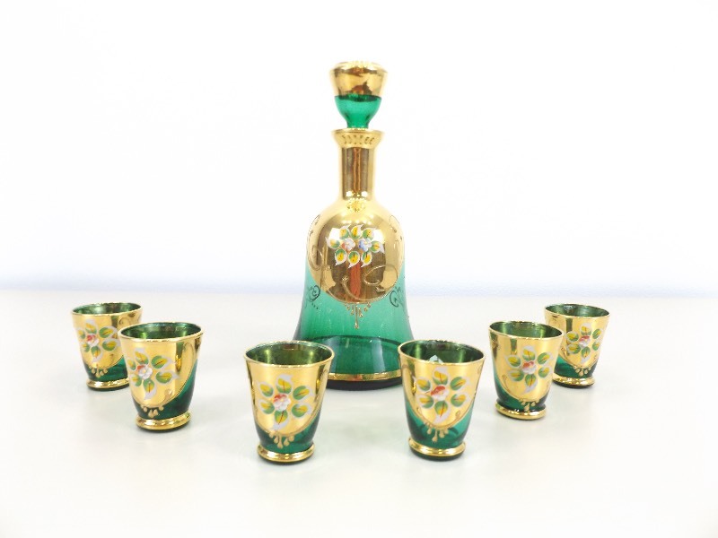 Vintage 8 Piece Green Bohemian Glass Decanter Set