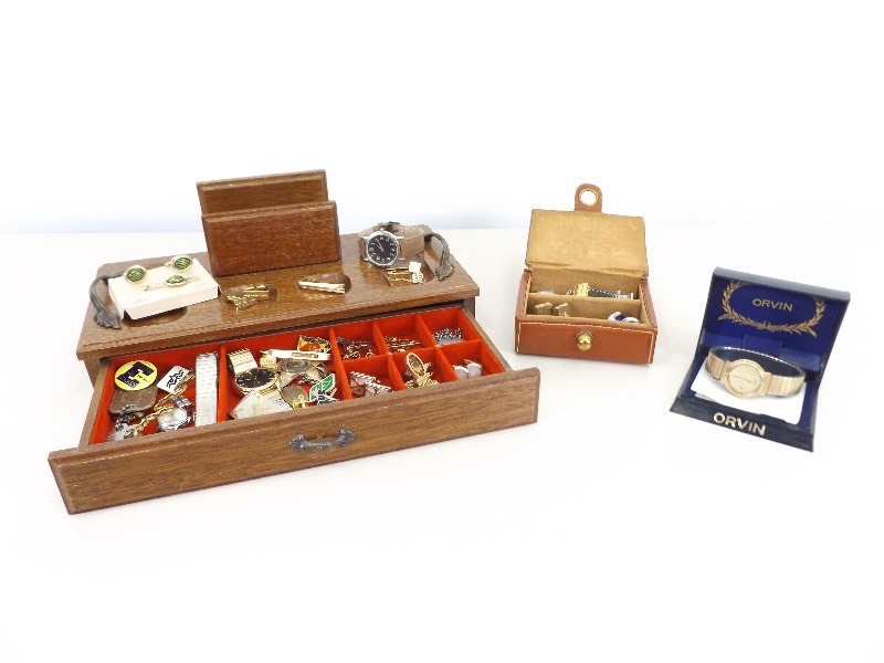 Vintage Mens Wood Jewelry Box, Cufflinks, Watches, etc