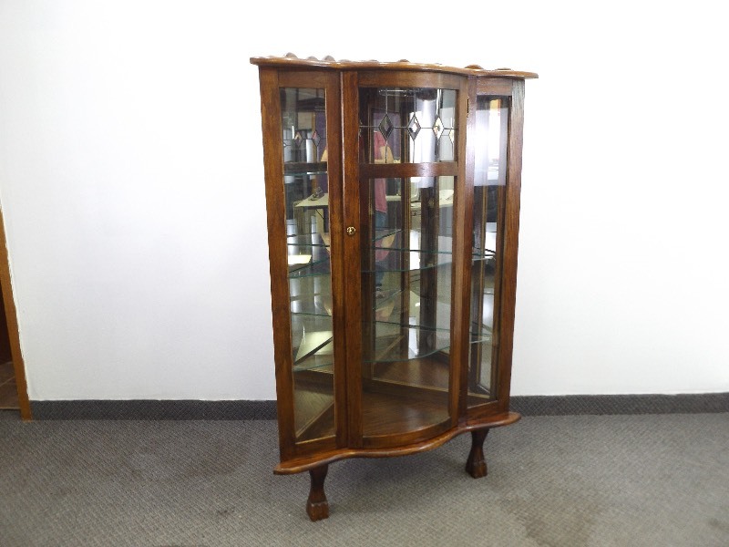 Vintage Solid Wood Beveled Glass Lighted Corner Curio