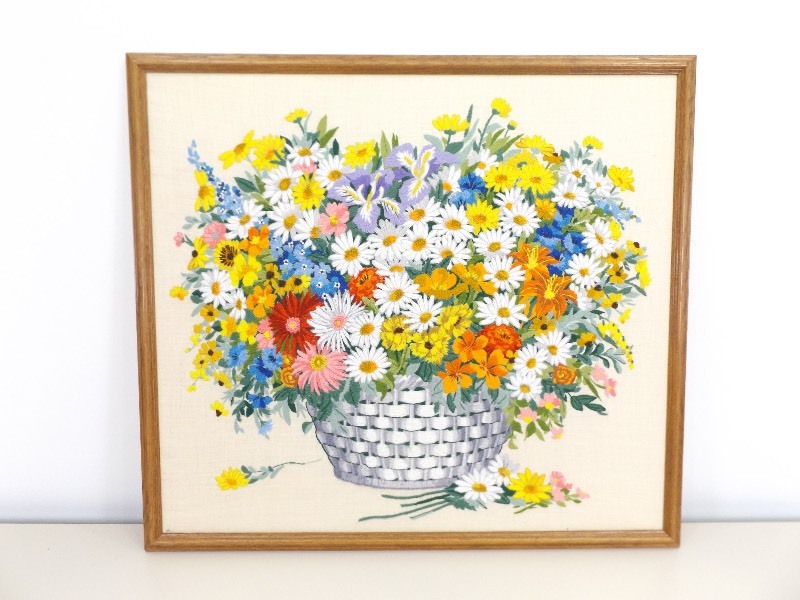 Large Wood Framed Hand Stitched Flower Basket Art