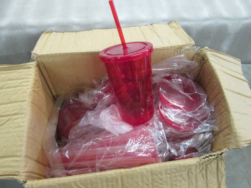 lot 216 image: Box of Approx 54 Red Plastic Tumble...