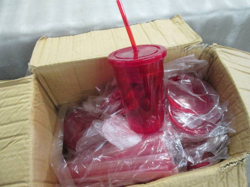 lot 217 image: Box of Approx 54 Red Plastic Tumble...