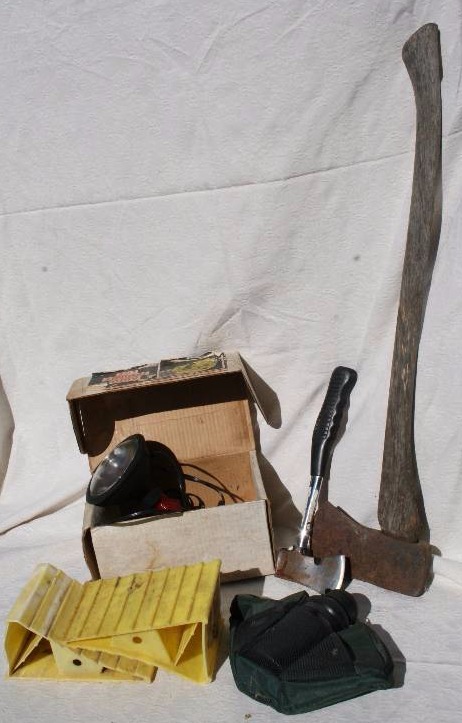 lot 168 image: Wheel Chucks, Trouble Light, and Axes