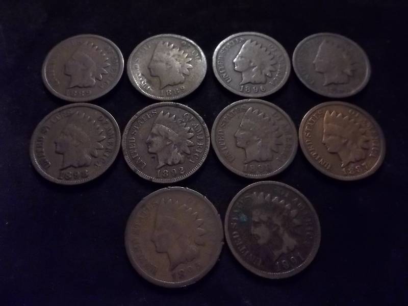 10 Indian Head Cents From 1887 To 1908 No Dups